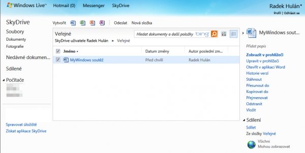 Wordovský soubor ve SkyDrive a jeho parametry